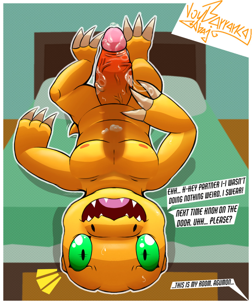 agumon anthro bandai_namco bed big_penis bodily_fluids claws dialogue digimon digimon_(species) dinosaur english_text erection fangs furniture genital_fluids genitals green_eyes green_sclera hi_res humanoid_genitalia humanoid_penis looking_at_viewer lying male masturbation nervous nipples not_furry nude on_bed open_mouth outline penile penile_masturbation penis pillow precum reptile scalie slightly_chubby solo speech_bubble sweat sweatdrop tail teeth text tongue upside_down voy_barranca_abajo yellow_body