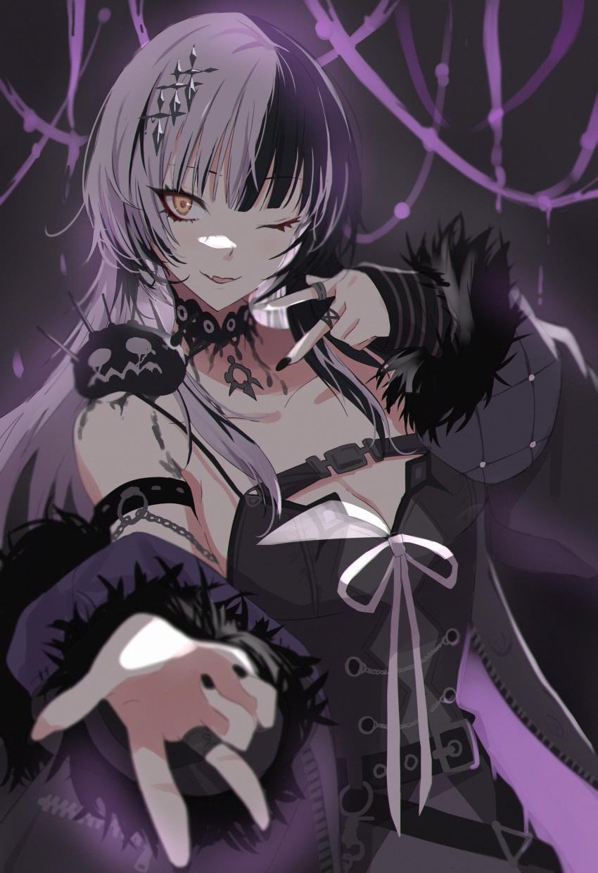 1girl absurdres arm_strap black_choker black_dress black_hair black_nails blurry breasts chest_strap choker cleavage commentary cowboy_shot depth_of_field dress english_commentary fang fur-trimmed_sleeves fur_trim hair_ornament highres hololive hololive_english jacket jewelry lace lace_choker long_hair looking_at_viewer medium_breasts multicolored_hair multiple_rings nail_polish neu_(musyoku-neet) off_shoulder one_eye_closed open_clothes open_jacket orange_eyes outstretched_hand parted_lips reaching reaching_towards_viewer ring shiori_novella skin_fang sleeveless sleeveless_dress smile solo split-color_hair standing two-tone_hair v virtual_youtuber white_hair yorick_(shiori_novella)