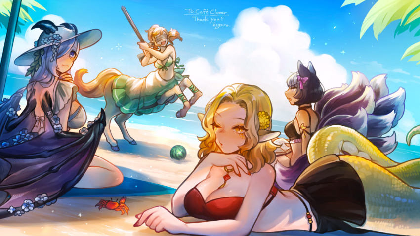 4girls animal_ears artist_name beach beach_towel bikini bikini_skirt black_bikini black_hair black_skirt blindfold blonde_hair blue_background blue_bikini blue_eyes blue_flower blue_hair blue_headwear blue_nails blue_sky blue_towel bow breasts centaur cleavage closed_mouth cloud cloudy_sky colored_skin commission crab dark-skinned_female dark_skin dragon_girl dragon_horns dragon_wings ear_bow flower food fox_ears fox_girl fox_tail frilled_bikini frills fruit full_body gem gold_necklace green_bikini green_scales green_skin hair_flower hair_ornament hair_over_one_eye hand_on_own_chin hand_on_own_shoulder hands_up hat hat_flower head_rest high_ponytail hogara holding holding_stick hooves horns horns_through_headwear horse_tail jewelry kitsune kyuubi lamia large_breasts long_hair looking_at_viewer lying medium_breasts medium_hair monster_girl multiple_girls multiple_tails necklace o3o ocean on_stomach one_eye_closed open_mouth orange_eyes orange_hair original palm_tree pink_bow pink_eyes purple_wings red_gemstone red_nails sand scales short_hair sitting skeb_commission skirt sky slit_pupils standing stick suikawari sun_hat swimsuit tail taur towel tree water watermelon wings yellow_flower