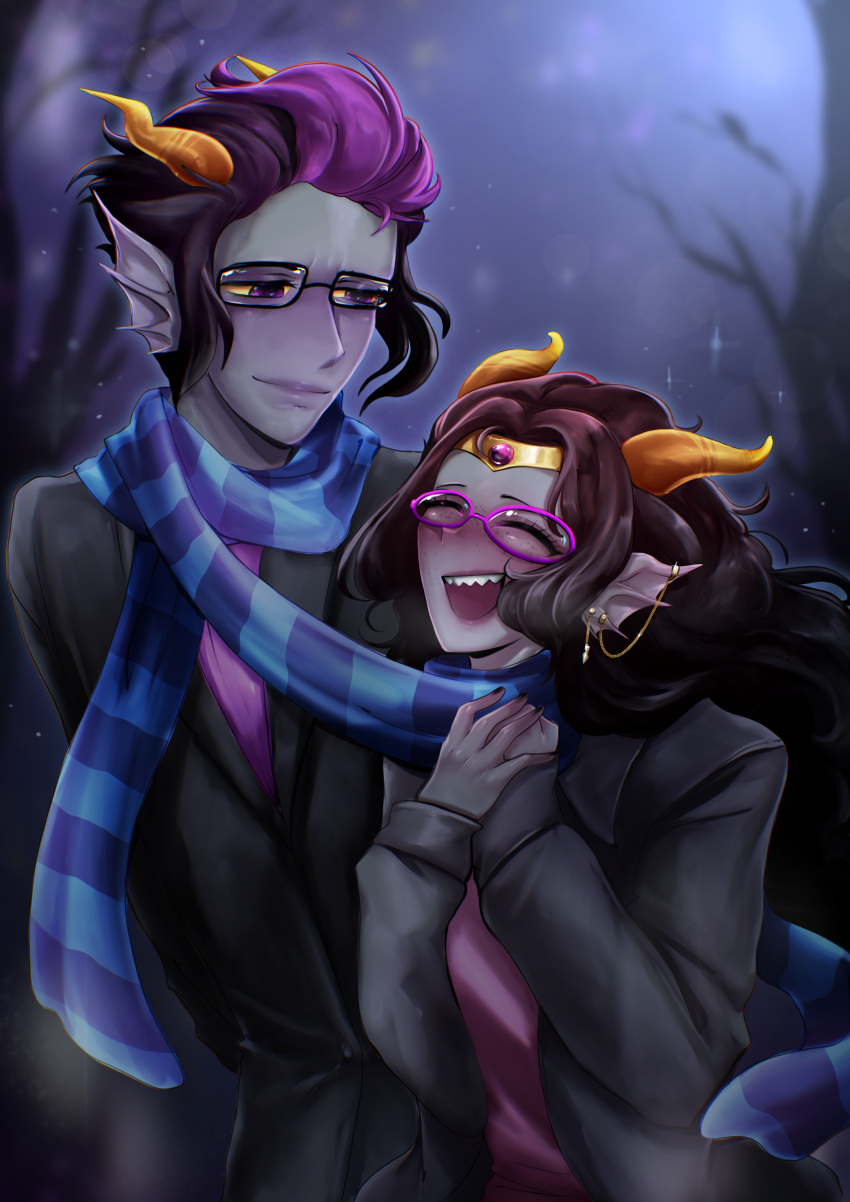 1boy 1girl absurdres couple eridan_ampora feferi_peixes hetero highres homestuck lips mothman1930 multicolored_hair scarf self-upload shared_clothes shared_scarf sharp_teeth streaked_hair teeth troll_(homestuck) upper_body winter_clothes