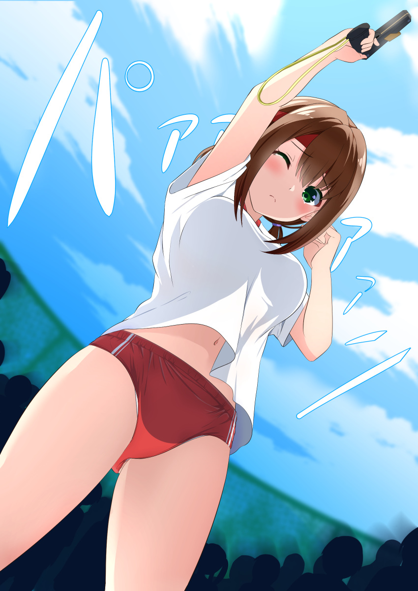 1girl absurdres arm_up blue_sky blush breasts brown_hair buruma cloud commentary_request commission dutch_angle from_below frown green_eyes gun gym_shirt gym_uniform hair_tie handgun highres holding holding_gun holding_weapon kisaragi_setsu_(mssk8485) large_breasts looking_at_viewer looking_down low_twintails medium_hair multiple_others navel one_eye_closed original panties panties_under_buruma panty_peek people pixiv_commission red_buruma shirt short_sleeves sky solo split_mouth sports_festival starting_pistol swept_bangs tearing_up thighs twintails underwear weapon white_panties white_shirt