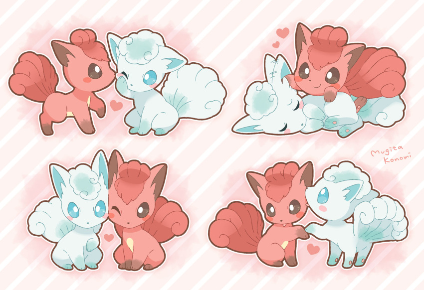 affectionate alolan_vulpix blush_stickers bright_pupils brown_eyes closed_mouth commentary_request cuddling heart mugita_konomi no_humans one_eye_closed outline pokemon pokemon_(creature) signature smile vulpix white_pupils