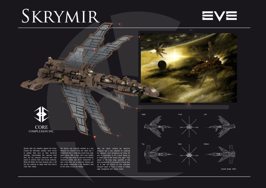 absurdres cloud commentary concept_art cruiser_(eve_online) english_text eve_online flying glowing highres krats logo machinery military military_vehicle minmatar_republic_(eve_online) multiple_views nebula no_humans original planet realistic reference_sheet science_fiction sky space spacecraft star_(sky) starry_sky vehicle_focus