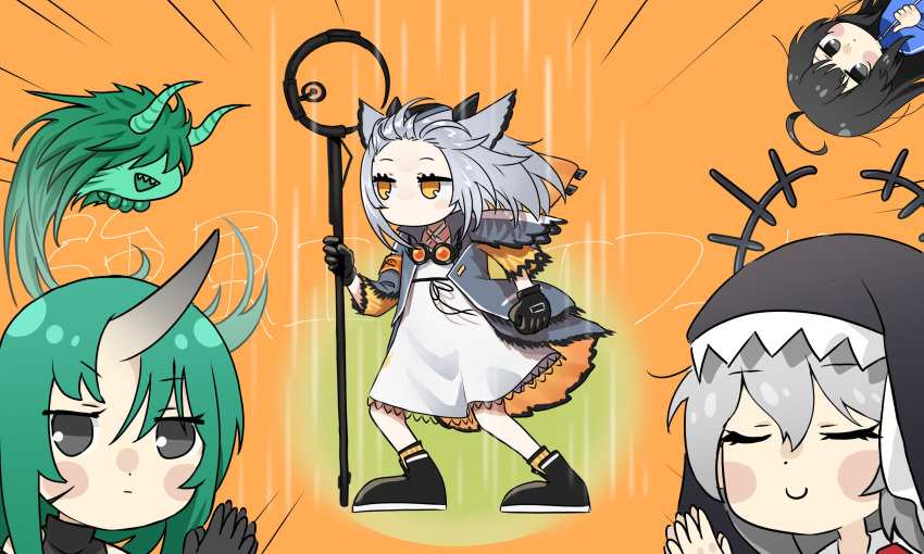 4girls animal_ears arknights armband closed_eyes gloves goggles green_hair highres holding holding_staff horns hoshiguma_(arknights) kyoufuu_all_back_(vocaloid) landl multiple_girls no_mouth nun oni_horns orange_background orange_eyes ptilopsis_(arknights) single_horn specter_(arknights) staff thumbs_up vocaloid