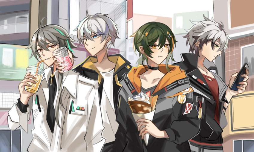 4boys ;) aqua_hair bendy_straw black_jacket blue_(bluespring1513) blue_eyes building character_request closed_mouth commentary crepe cup day disposable_cup drinking_straw food green_hair grey_hair grey_shirt highres holding holding_cup holding_food honkai_(series) honkai_impact_3rd jacket male_focus multicolored_hair multiple_boys one_eye_closed open_clothes open_jacket outdoors profile red_eyes red_shirt shirt smile streaked_hair white_jacket white_shirt
