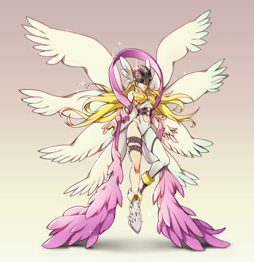 1girl angel_wings angewomon asymmetrical_clothes bare_shoulders belt blonde_hair breasts covered_eyes digimon digimon_(creature) digimon_adventure digimon_adventure_02 english_commentary feathered_wings helmet helmet_over_eyes highres holy_ring long_hair multiple_wings o-ring o-ring_belt oxcoxa solo thigh_strap winged_helmet wings wrist_wings