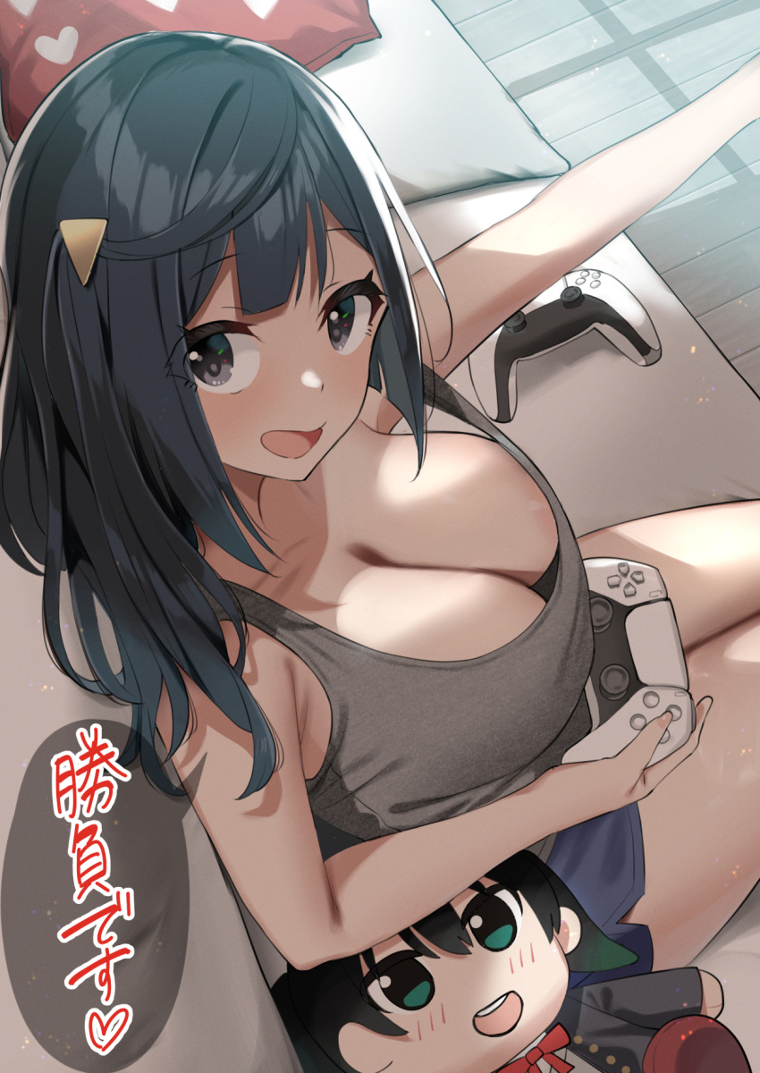 1girl areola_slip black_eyes black_hair blue_shorts breasts character_doll cleavage commentary_request controller dualsense from_above game_controller highres holding holding_controller holding_game_controller large_breasts long_hair looking_at_viewer love_live! love_live!_nijigasaki_high_school_idol_club open_mouth playstation_controller sasanon_(sasapoliton) shorts sitting solo speech_bubble thighs translation_request yuuki_setsuna_(love_live!)