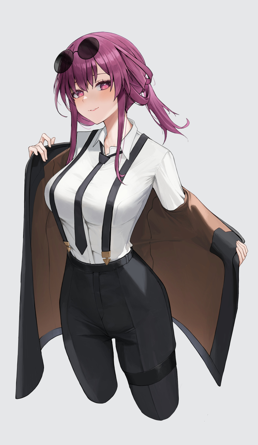 1girl absurdres alternate_costume black_pants breasts collared_shirt cropped_legs dress_shirt eyewear_on_head highres honkai:_star_rail honkai_(series) jacket kafka_(honkai:_star_rail) long_hair looking_at_viewer medium_breasts necktie off_shoulder open_clothes open_jacket pants parted_lips pince-nez pink_eyes purple_hair round_eyewear shirt shirt_tucked_in sidelocks simple_background smile solo soriham sunglasses suspenders thigh_strap two-sided_fabric undressing white_background white_shirt