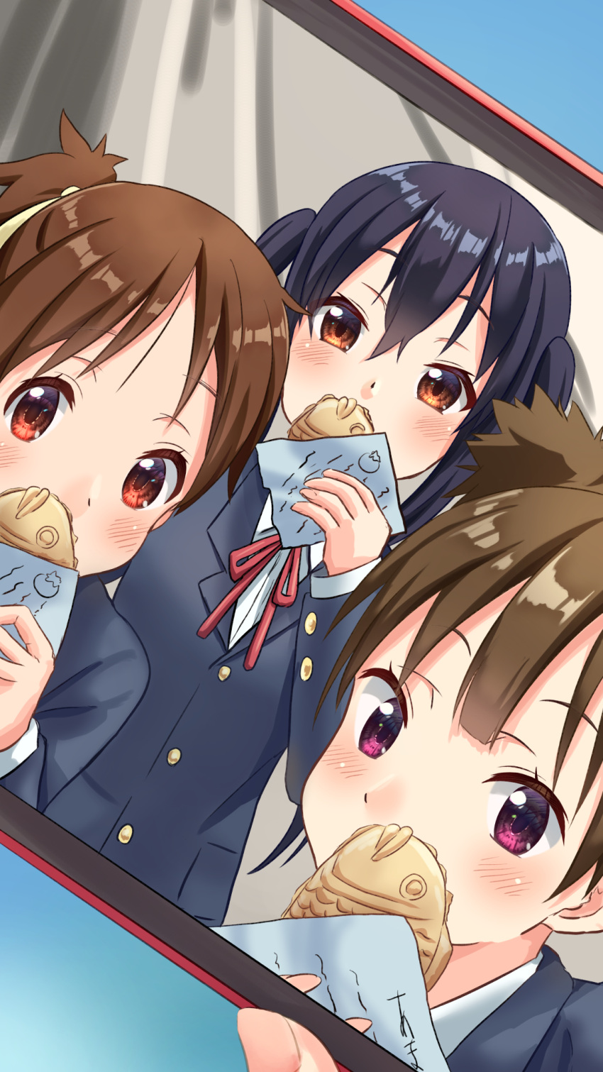 3girls amai_to_mato black_hair black_jacket blazer blush brown_eyes brown_hair cellphone collared_shirt commentary_request food hair_ribbon highres hirasawa_ui holding holding_food jacket k-on! long_hair looking_at_viewer multiple_girls nakano_azusa phone ponytail purple_eyes ribbon sakuragaoka_high_school_uniform school_uniform shirt short_hair short_twintails smartphone suzuki_jun taiyaki twintails wagashi white_shirt winter_uniform yellow_ribbon