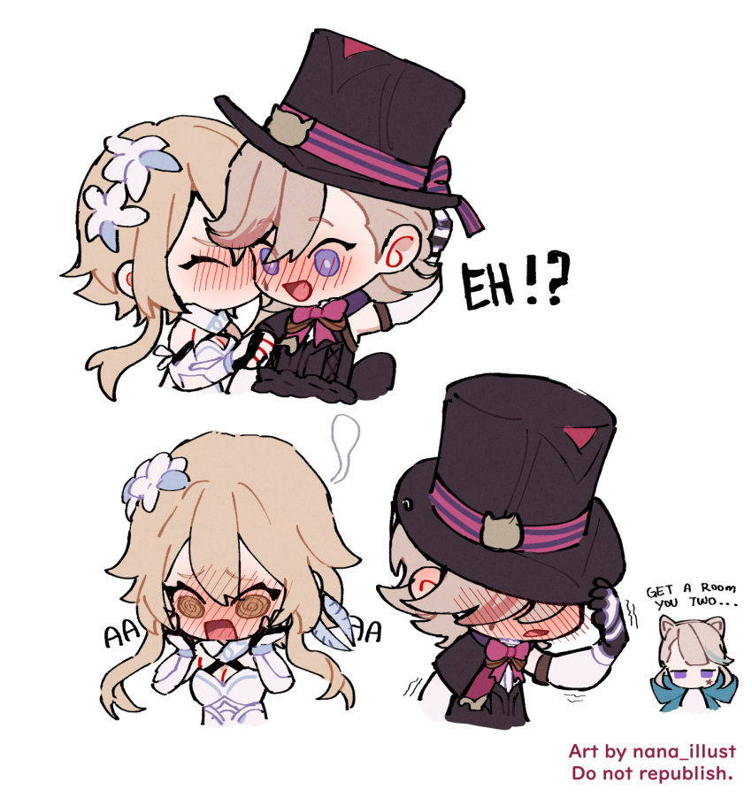 1boy 2girls blush blush_stickers chibi flower genshin_impact hair_flower hair_ornament hat hetero highres kiss kissing_cheek lumine_(genshin_impact) lynette_(genshin_impact) lyney_(genshin_impact) multiple_girls nana_illust short_hair simple_background top_hat