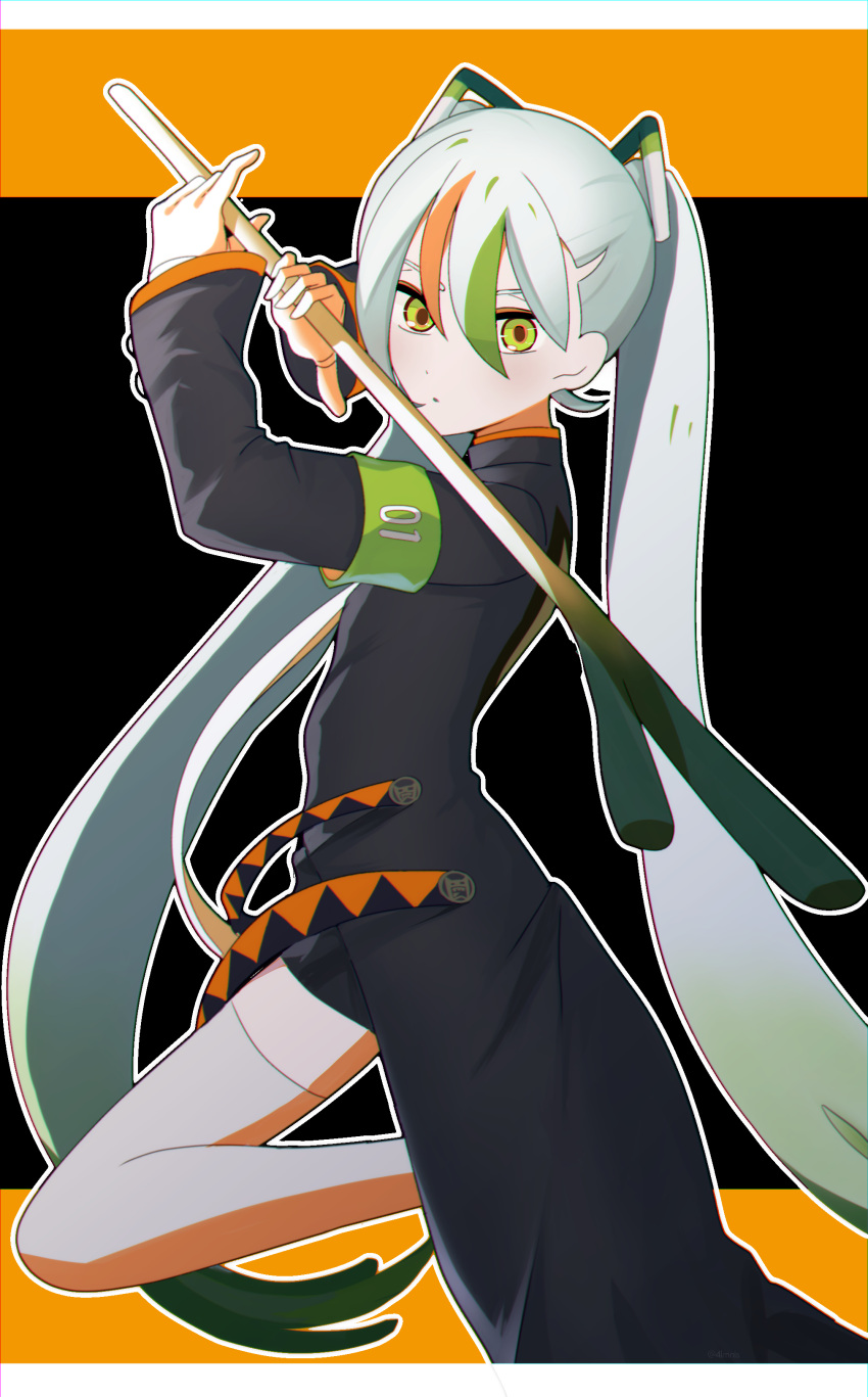 1girl absurdres armband black_background eyeshadow fighting_miku_(project_voltage) flaw_(4lmnis) food gradient_hair green_armband hatsune_miku highres holding holding_food holding_spring_onion holding_vegetable long_hair long_sleeves looking_at_viewer makeup multicolored_hair orange_eyeshadow orange_trim project_voltage simple_background solo spring_onion streaked_hair vegetable very_long_hair vocaloid yellow_eyes