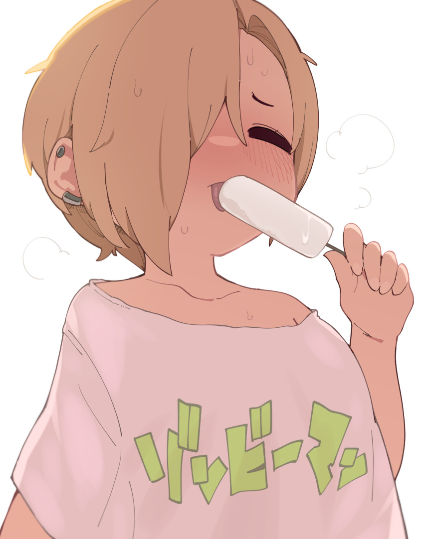 1girl blonde_hair blush closed_eyes clothes_writing collarbone commentary_request food hair_over_one_eye highres holding idolmaster idolmaster_cinderella_girls licking popsicle shirasaka_koume shirt short_sleeves simple_background sweat t-shirt takato_kurosuke tongue tongue_out white_background white_shirt