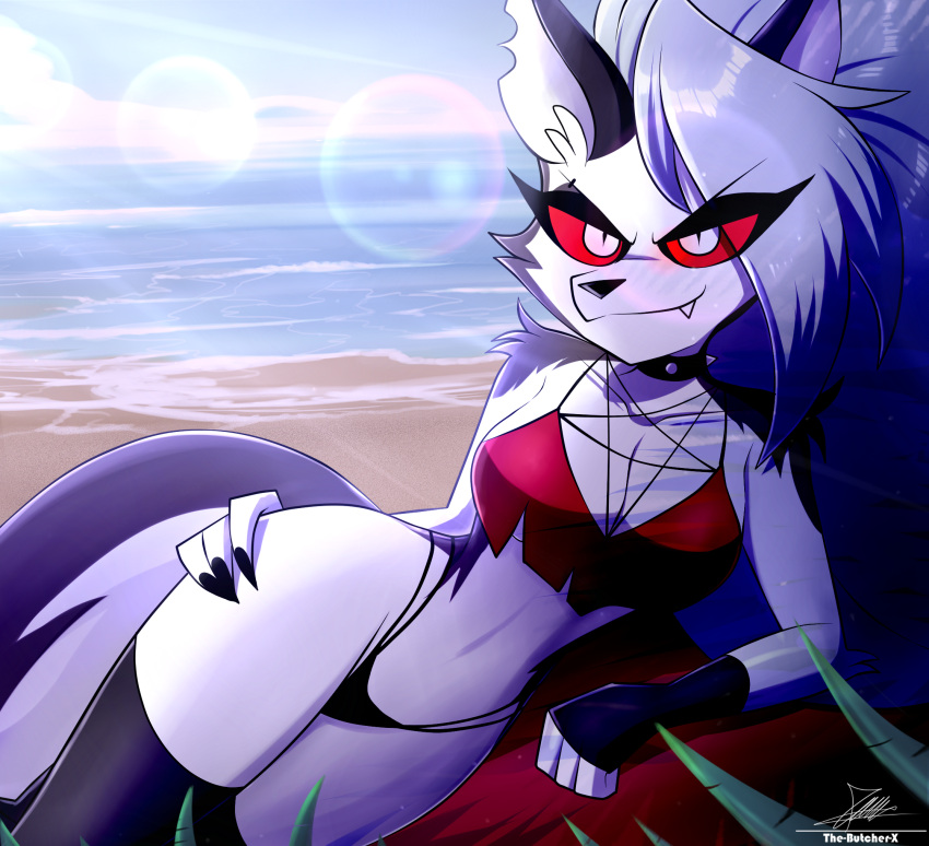 2023 anthro artist_name beach canid canid_demon clothing demon digital_media_(artwork) female fingerless_gloves fingers gloves handwear hellhound helluva_boss hi_res light light_beam loona_(helluva_boss) mammal outside sand sea seaside signature solo summer sunbeam sunlight swimwear the-butcher-x water