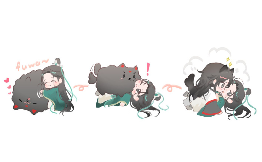 ! 2boys animal animal_ears animal_on_chest black_dog black_fur black_hair blush borderless_panels chibi chinese_clothes closed_eyes dog dog_boy dog_ears dog_tail fluffy green_ribbon green_robe grey_eyes hair_bun hair_ornament hair_ribbon happy heart kneeling linhii_hihi long_hair long_sleeves luo_binghe lying lying_on_person male_focus multiple_boys on_back open_mouth petting pinned ren_zhafan_paijizu_xitong ribbon robe shen_qingqiu smile sparkle straight_hair sweatdrop tail tail_wagging transformation wavy_hair white_background white_robe yaoi