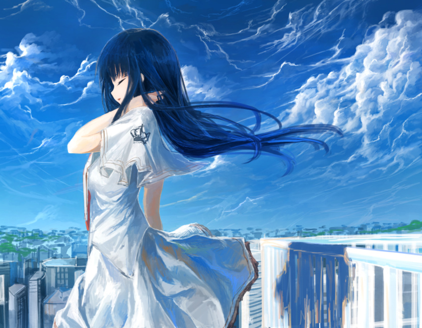 1girl blue_hair blue_sky capelet cityscape closed_eyes cloud cloudy_sky commentary_request cowboy_shot dated_commentary day floating_hair from_side hand_in_own_hair long_hair momokumo necktie open_mouth outdoors railing red_necktie rooftop school_uniform shadow shirt skirt sky sky_focus solo standing subarashiki_hibi takashima_zakuro white_capelet white_shirt white_skirt