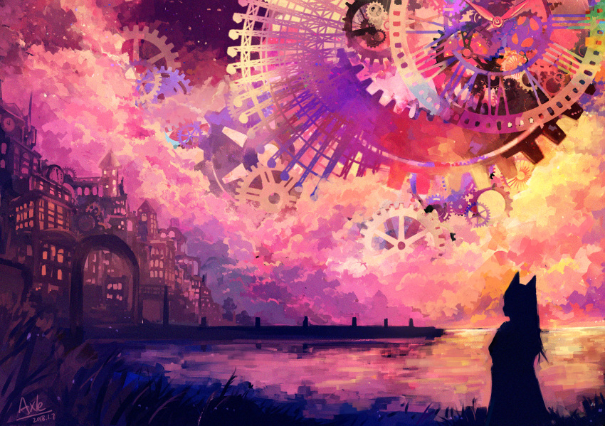 1girl animal_ears axleaki building chinese_commentary city clock clockwork cloud cloudy_sky colorful commentary_request dated facing_away fantasy gears highres long_hair night night_sky original outdoors scenery signature silhouette sky sky_focus solo steampunk twilight water
