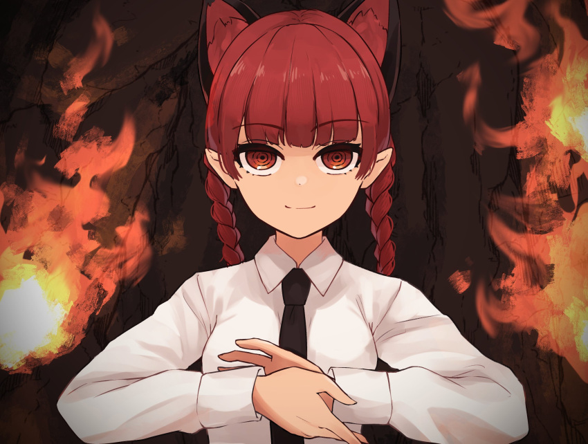 1girl animal_ear_fluff animal_ears blunt_bangs braid cat_ears chainsaw_man closed_mouth collared_shirt commentary cosplay extra_ears fire hands_up highres kaenbyou_rin long_sleeves looking_at_viewer makima_(chainsaw_man) makima_(chainsaw_man)_(cosplay) own_hands_together pointy_ears red_eyes red_hair ringed_eyes senzaicha_kasukadoki shirt sleeve_cuffs smile solo touhou twin_braids upper_body white_shirt