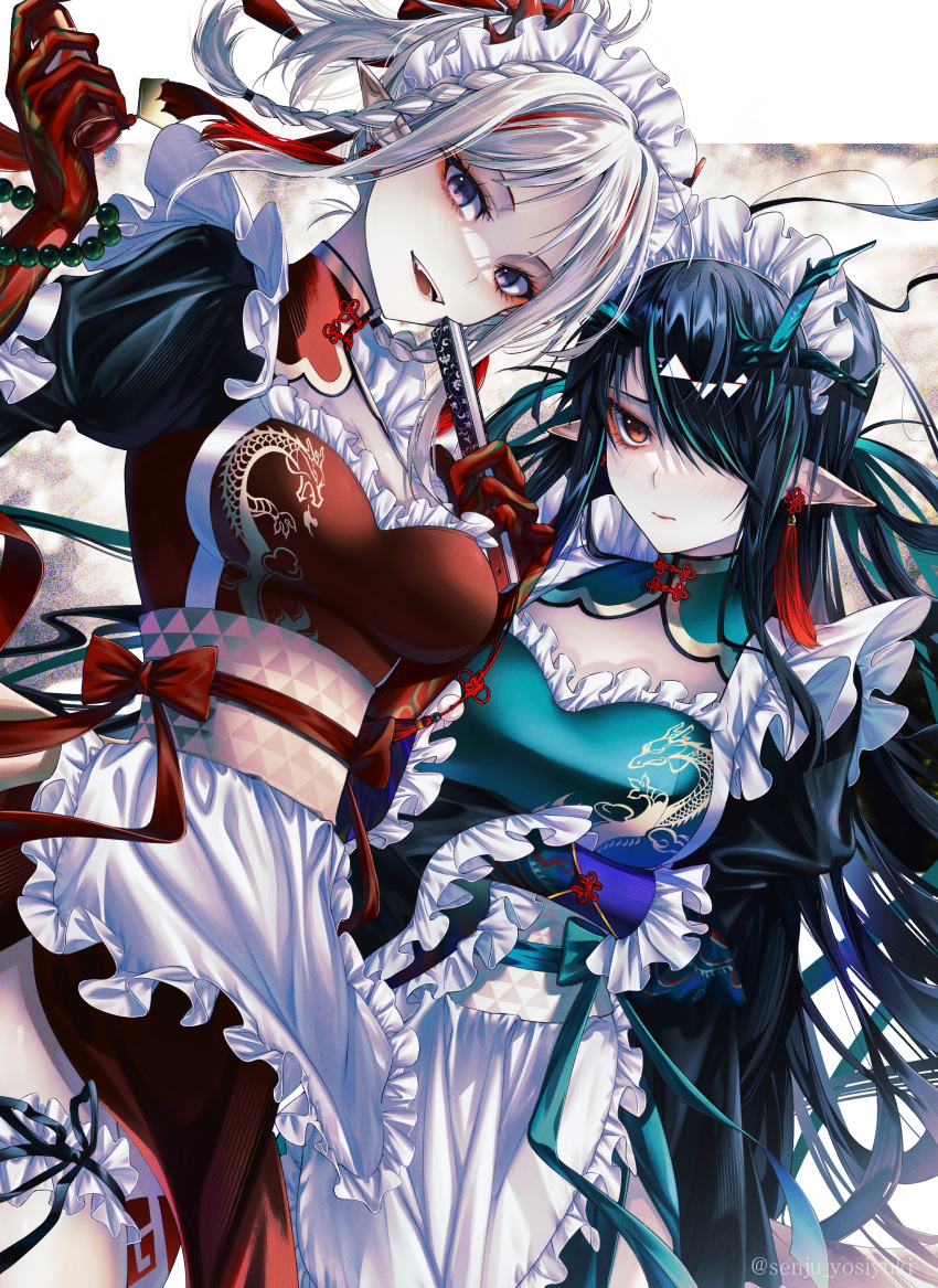 2girls :d absurdres alternate_costume aqua_hair arknights black_hair blue_skin blush breasts cleavage colored_skin dragon_girl dusk_(arknights) earrings enmaided eyeliner frills hair_over_one_eye hand_fan highres holding holding_fan horns jewelry long_hair looking_at_viewer maid maid_headdress makeup multicolored_hair multiple_girls nian_(arknights) pointy_ears red_skin sash senju_yosiyuki smile streaked_hair white_hair