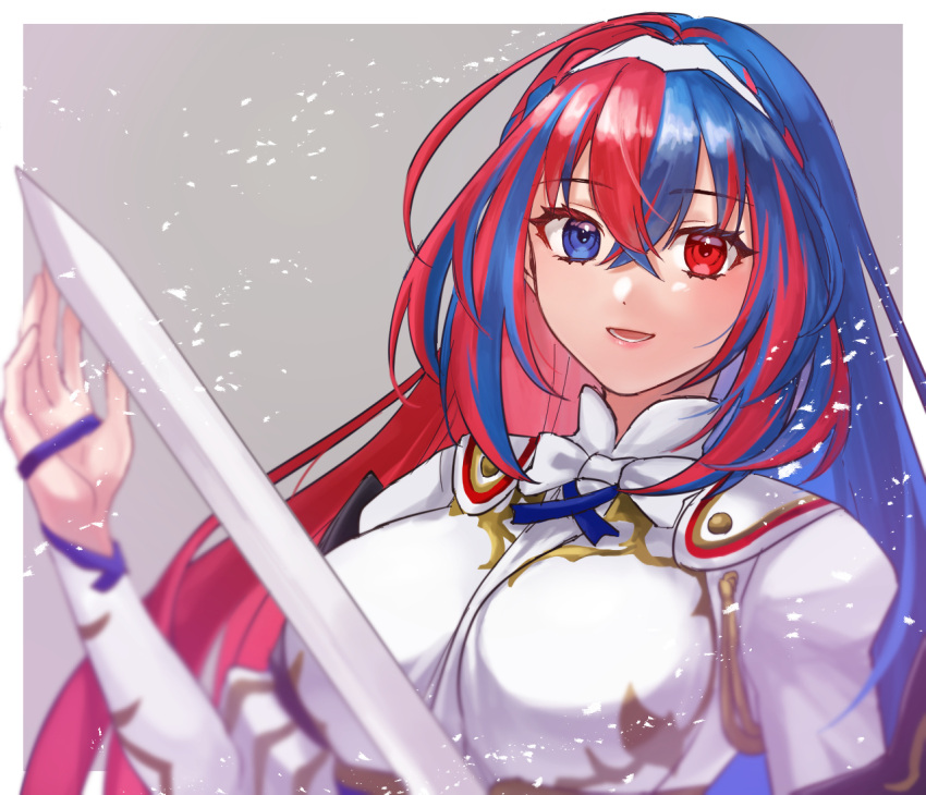 1girl alear_(female)_(fire_emblem) alear_(fire_emblem) blue_eyes blue_hair fire_emblem fire_emblem_engage hazuki_(nyorosuke) heterochromia holding holding_sword holding_weapon long_hair looking_at_viewer multicolored_hair open_mouth red_eyes red_hair smile solo split-color_hair sword tiara two-tone_hair weapon