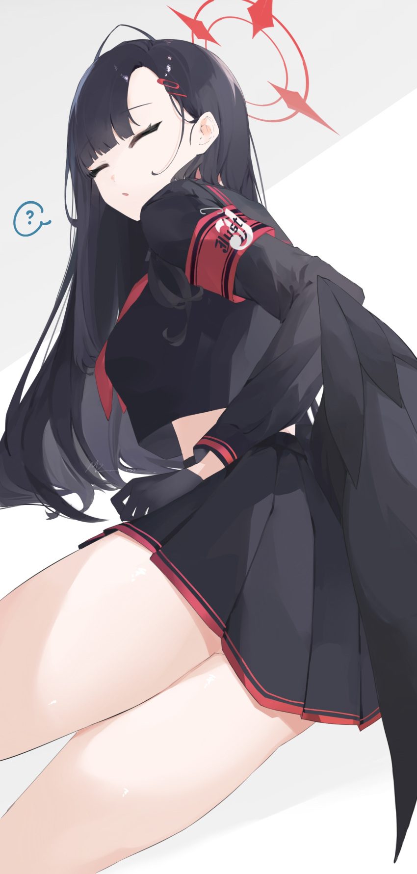 1girl ? absurdres black_gloves black_hair black_shirt black_skirt black_wings blue_archive breasts closed_eyes feathered_wings gloves hair_ornament hairpin halo highres ichika_(blue_archive) long_hair looking_at_viewer low_wings medium_breasts mz_mz open_mouth red_halo shirt skirt solo spoken_question_mark wings