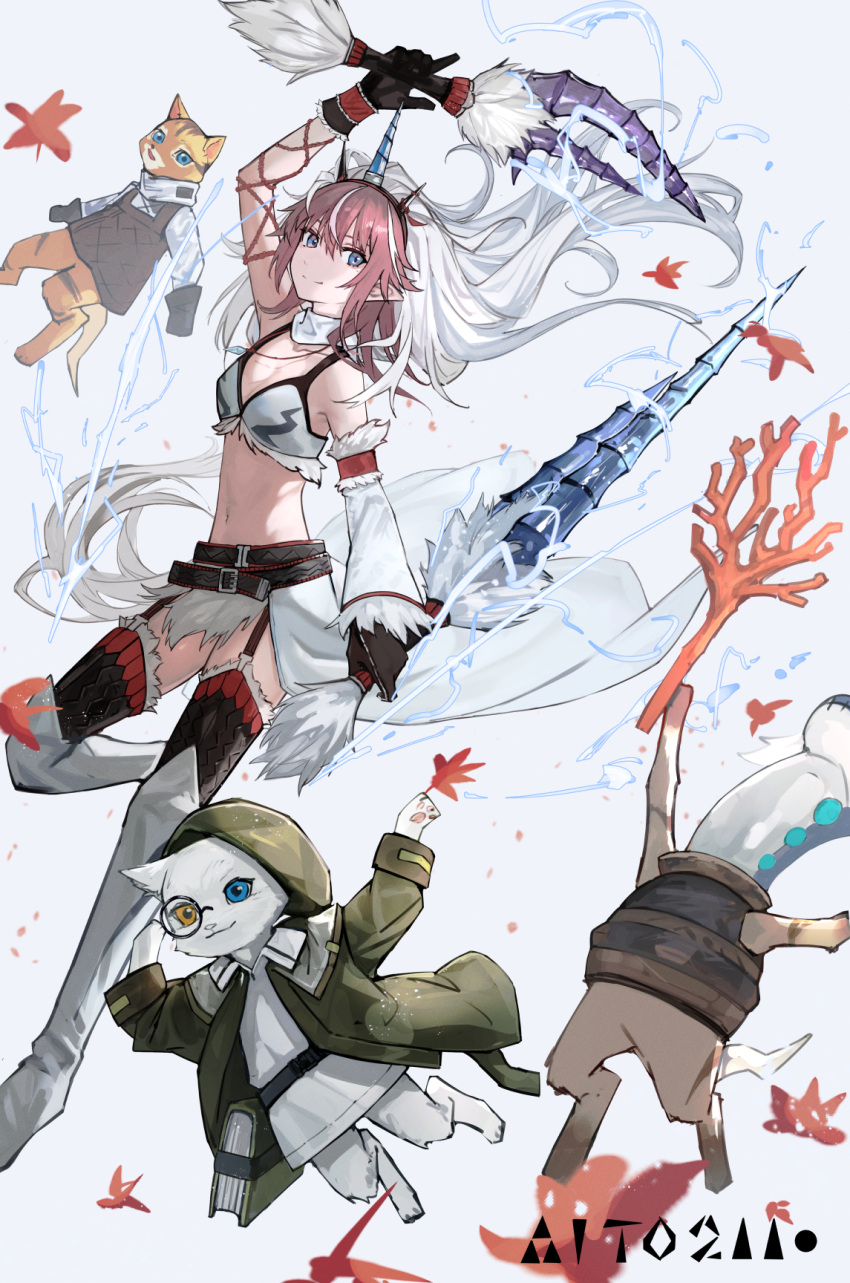 1girl aito arknights arm_up armor belt bikini black_belt black_gloves blue_eyes breasts brown_hair cat coral detached_sleeves dual_wielding electricity floating_hair garter_straps gloves hair_between_eyes heterochromia highres holding holding_weapon horns kirin_r_yato_(arknights) long_hair looking_at_viewer multicolored_hair navel official_alternate_costume pointy_ears simple_background small_breasts solo stomach swimsuit weapon white_background white_bikini white_hair white_sleeves yato_(arknights)