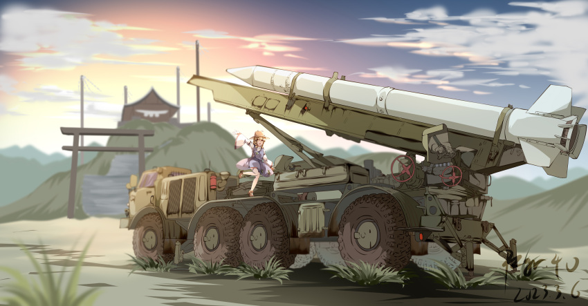 1girl absurdres blonde_hair blurry blurry_background brown_headwear chinese_commentary cloud commentary_request dated full_body gradient_sky highres long_sleeves military_vehicle missile moriya_suwako motor_vehicle mountainous_horizon outdoors purple_skirt purple_vest pzgr.40 short_hair shrine signature skirt sky solo standing standing_on_one_leg touhou truck variant_set vest wide_shot wide_sleeves