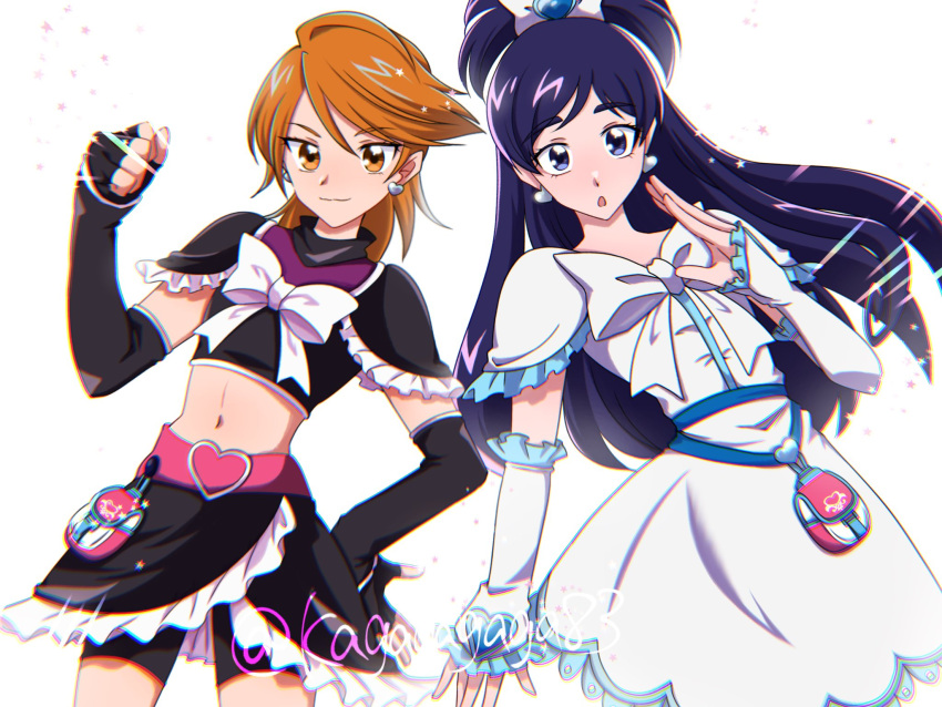 2girls bike_shorts_under_skirt black_dress black_gloves black_shorts bow bowtie brown_eyes clenched_hand cowboy_shot cure_black cure_white dress earrings elbow_gloves fingerless_gloves frilled_dress frills futari_wa_precure gloves hair_bow heart high_ponytail highres jewelry kagagagaga83 light_smile long_hair looking_at_viewer midriff misumi_nagisa multiple_girls navel precure purple_eyes purple_hair red_hair short_hair shorts shoulder_pads simple_background star_(symbol) twitter_username white_background white_bow white_bowtie white_dress white_gloves yukishiro_honoka