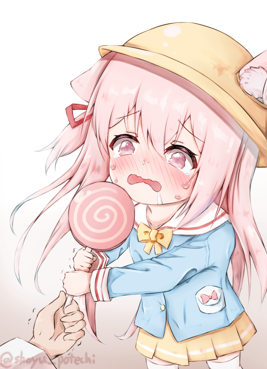1girl 1other animal_ear_fluff animal_ears artist_name azur_lane blue_shirt bow bow_shirt brown_background candy cat_ears cat_girl child commentary_request cowboy_shot crying drooling female_child food gradient_background hair_between_eyes hair_ribbon hat highres holding holding_candy holding_food kindergarten_uniform kisaragi_(azur_lane) lollipop long_hair long_sleeves mouth_drool one_side_up open_mouth pink_eyes pink_hair pleated_skirt red_ribbon ribbon sailor_collar sailor_shirt school_hat school_uniform serafuku shirt shoyu_potechi skirt solo_focus swirl_lollipop tears thighhighs twitter_username wavy_mouth white_background white_sailor_collar white_thighhighs yellow_bow yellow_headwear yellow_skirt