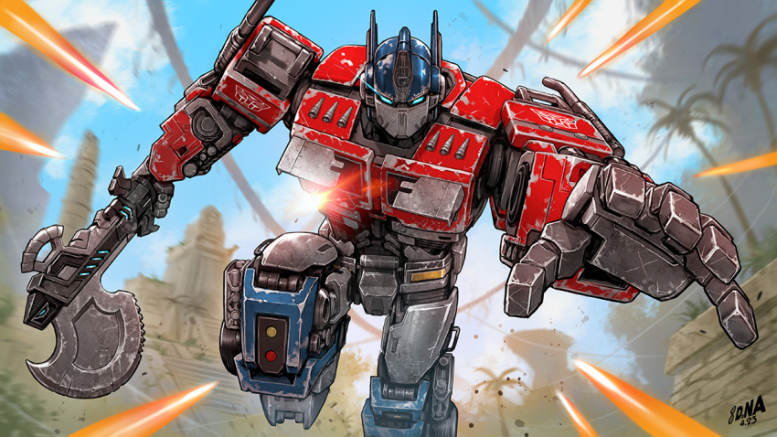 2023 autobot axe blue_eyes blue_sky cloud damaged dated david_nakayama dirty energy_beam english_commentary fortnite glowing glowing_eyes mecha no_humans official_art optimus_prime palm_tree promotional_art robot ruins running_towards_viewer science_fiction signature sky transformers tree weapon