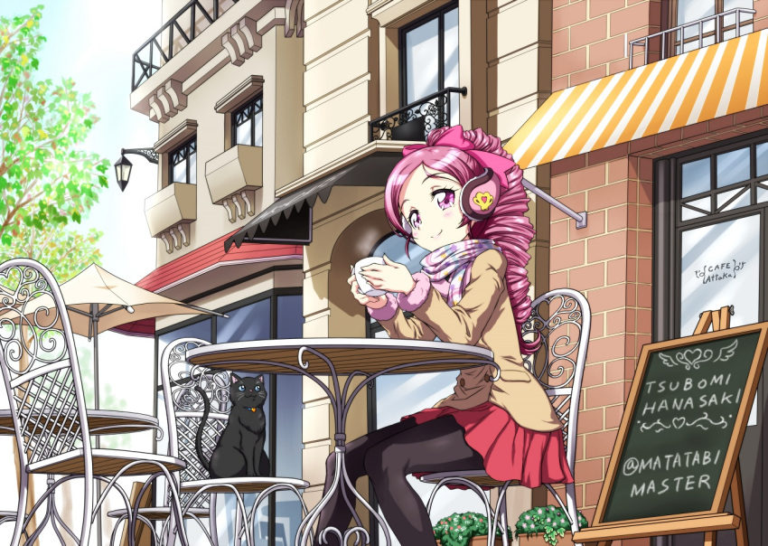 1girl alternate_hairstyle artist_name black_cat black_pantyhose bow cafe casual cat character_name commentary_request cup eyelashes fur_trim hair_bow hair_ornament hanasaki_tsubomi happy heartcatch_precure! high_ponytail holding holding_cup jacket long_hair looking_at_viewer matatabi_(karukan222) pantyhose pink_bow pink_eyes pink_hair ponytail precure red_skirt scarf sitting skirt smile solo