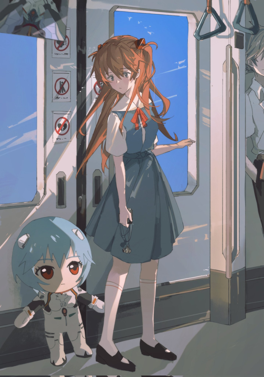 1boy 2girls ayanami_rei black_pants blue_hair blue_skirt eliza_804 highres looking_at_another looking_down multiple_girls nagisa_kaworu neon_genesis_evangelion pants plugsuit red_eyes red_hair rei_chikita shirt skirt souryuu_asuka_langley train_interior white_shirt