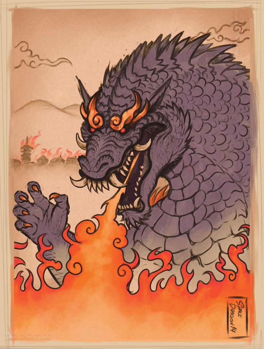 5_fingers absurd_res ambiguous_gender asian_mythology breath_powers cc-by-nc-nd claws cloud creative_commons demon east_asian_mythology elemental_manipulation feral fingers fire fire_breathing fire_manipulation godzilla godzilla_(series) hi_res japanese_mythology kaiju mythology oni red_eyes scales scalie sharp_teeth solo spacedragon14 teeth toho yokai