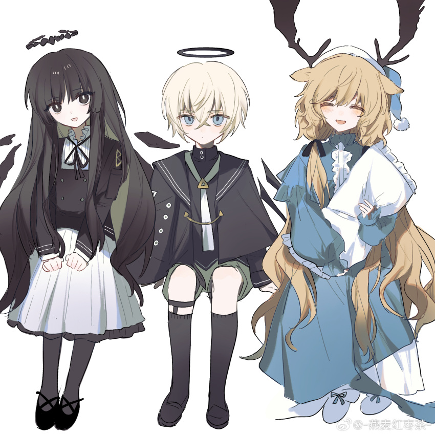 1boy 2girls :d aged_down ahoge animal_ears antlers arknights arm_rest arm_support artist_name black_capelet black_dress black_eyes black_footwear black_hair black_halo black_ribbon black_shirt black_socks black_thighhighs black_wings blonde_hair blouse blue_eyes blue_footwear blue_headwear blue_nightgown blunt_bangs blush bright_pupils broken_halo buttons capelet chinese_commentary chinese_text closed_eyes closed_mouth collared_capelet collared_shirt colored_inner_hair commentary_request cousins dark_halo deer_antlers deer_ears deer_girl detached_wings dot_nose dress energy_wings executor_(arknights) expressionless facing_viewer frilled_dress frilled_shirt_collar frills full_body green_hair green_necktie green_shorts hair_between_eyes hair_ribbon halo hand_up hat head_tilt high_collar highres hime_cut holding holding_pillow invisible_chair kneehighs layered_sleeves light_blush long_hair long_sleeves looking_at_viewer mole mole_under_eye multicolored_clothes multicolored_dress multicolored_hair multiple_girls neck_ribbon necktie nightcap nightgown open_mouth pale_skin pantyhose pillow pleated_dress pocket ribbon shirt shoes short_hair shorts sidelocks simple_background sitting sleeve_cuffs smile socks square_neckline thighhighs twintails two-tone_dress two-tone_hair very_long_hair virtuosa_(arknights) viviana_(arknights) watermark weibo_7737164789 weibo_logo weibo_username white_background white_dress white_pupils wings