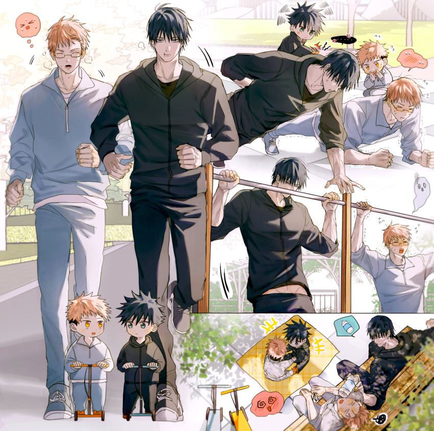 &gt;_&lt; 4boys absurdres aged_down bench black_hair black_hoodie blue_hoodie child dmsco1803 exercise father_and_son fushiguro_megumi fushiguro_touji highres hood hoodie itadori_jin itadori_yuuji jogging jujutsu_kaisen kick_scooter male_child male_focus multiple_boys pants park_bench pink_hair pullups push-ups short_hair track_pants