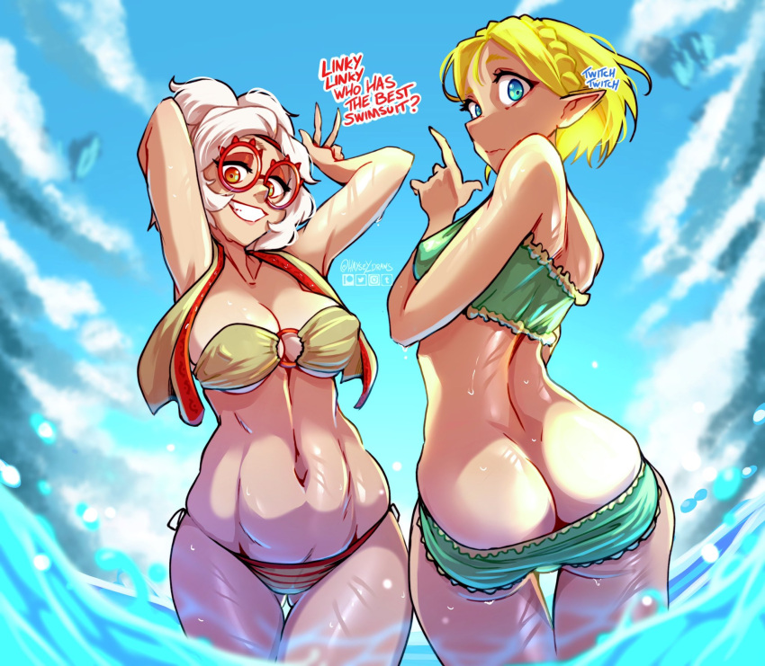2girls arm_behind_head ass ass_visible_through_thighs bikini blonde_hair blue_eyes blue_sky braid breasts butt_crack cloud english_commentary english_text eyeshadow french_braid from_behind glasses haysey highres large_breasts looking_at_viewer makeup multiple_girls navel o-ring o-ring_bikini o-ring_top outdoors partially_submerged pointy_ears princess_zelda purah red-framed_eyewear red_eyes red_eyeshadow round_eyewear sheikah side-tie_bikini_bottom sky splashing swimsuit the_legend_of_zelda the_legend_of_zelda:_tears_of_the_kingdom twitter_username updo vest water wet white_hair