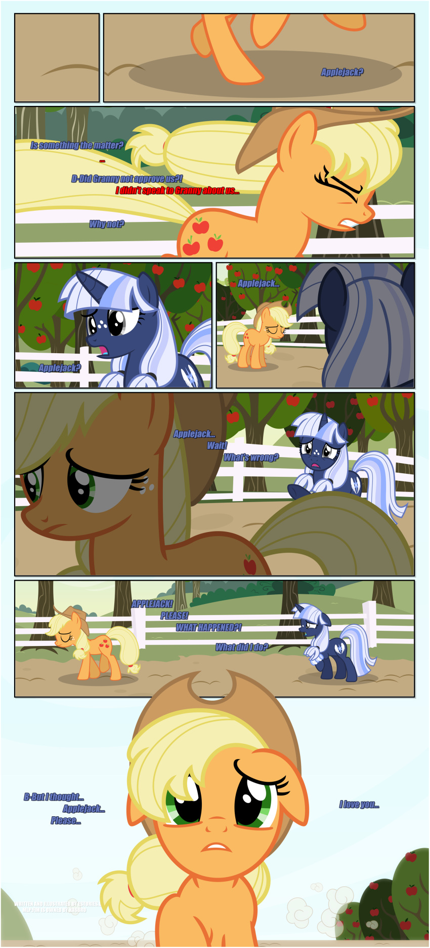 absurd_res apple_tree applejack_(mlp) bangs begging black_border border bracelet clenched_teeth clothing cowboy_hat cutie_mark dialogue distraught downcast duo ears_down ears_up earth_pony emotional_damage equid equine estories eyes_closed female fence feral flashback freckles freckles_on_face friendship_is_magic frown fruit_tree hasbro hat headgear headwear hi_res horn horse i_love_you jewelry mammal my_little_pony narrowed_eyes open_mouth outside pivoted_ears plant pony running shrub silverlay_(estories) sweet_apple_acres teeth tree unicorn walking_away white_fence