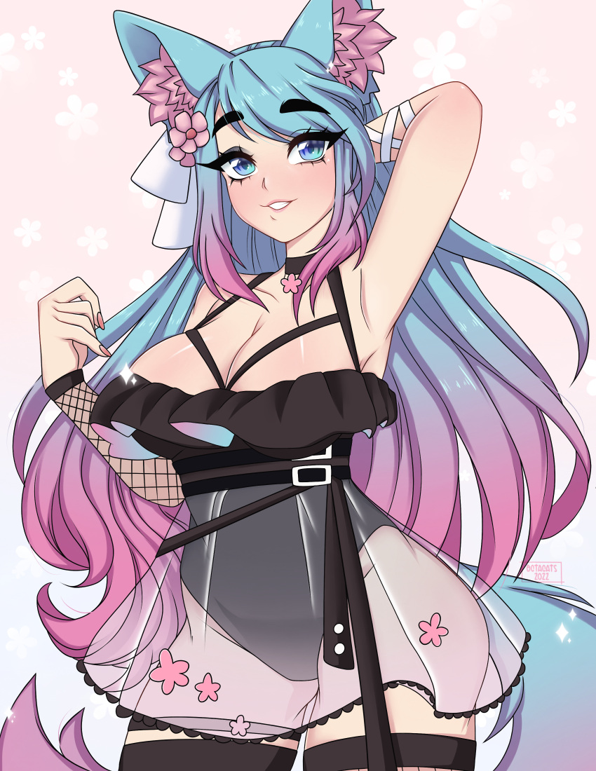 1girl absurdres animal_ear_fluff animal_ears arm_behind_head black_dress blue_eyes blue_hair blush breasts curvy dress eyelashes fishnet_sleeves fishnets flower fluffy fluffy_hair gradient_hair hair_flower hair_ornament hand_in_own_hair hand_up highres large_breasts long_hair looking_at_viewer multicolored_hair octacats_(artist) petals pink_hair pinup_(style) see-through see-through_shirt silvervale skirt smile tail thick_eyebrows thick_eyelashes thick_thighs thighs very_long_hair virtual_youtuber vshojo wolf_ears wolf_tail