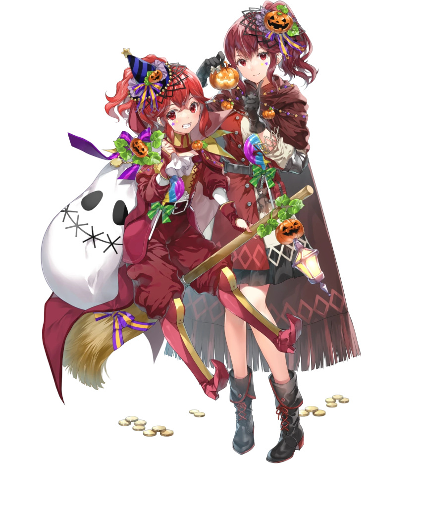 2girls ankle_boots anna_(fire_emblem) belt boots broom broom_riding candy cape detached_sleeves fire_emblem fire_emblem_awakening fire_emblem_engage fire_emblem_heroes food gloves gold grin hair_ornament hat highres holding index_finger_raised jack-o'-lantern knee_boots lantern lollipop long_hair long_sleeves looking_at_viewer mini_party_hat miwabe_sakura multiple_girls non-web_source official_alternate_costume official_art pants parted_lips party_hat pointy_footwear ponytail pumpkin red_eyes red_hair ribbon sack siblings side_ponytail sidelocks sisters skirt smile star_(symbol) star_tattoo tattoo teeth transparent_background turtleneck