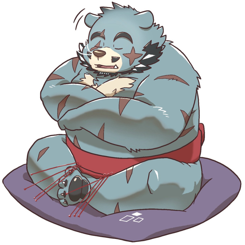 2023 anthro bear blue_body cute_fangs eyes_closed hi_res hon55728 kemono male mammal overweight overweight_male pillow scar sitting solo sumo sumo_wrestler tamacolle