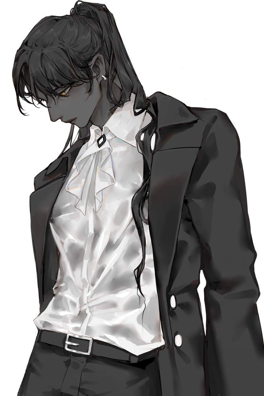 1boy absurdres ascot black_hair black_jacket black_lips black_pants black_skin collared_shirt colored_skin earrings eyelashes hair_over_eyes hair_over_shoulder highres jacket jewelry long_hair long_sleeves looking_away looking_down male_focus molin original pants ponytail profile shirt shirt_tucked_in simple_background solo upper_body white_ascot white_background white_shirt yellow_eyes