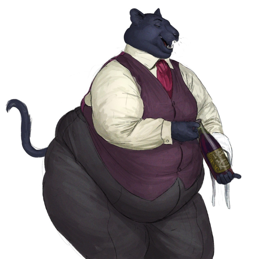 2021 alcohol anthro belly beverage big_belly blue_body blue_fur bottle bottomwear cettus clothed clothing container double_chin dress_shirt felid fully_clothed fur hi_res male mammal necktie obese obese_anthro obese_male overweight overweight_anthro overweight_male pantherine pants shirt simple_background solo standing topwear vest waiter white_background wine wine_bottle