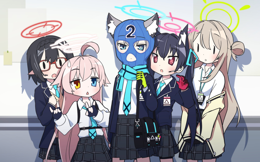 5girls animal_ear_fluff animal_ears ayane_(blue_archive) balaclava black_hair blue_archive blue_eyes blush commentary foreclosure_task_force_(blue_archive) glasses gloves grey_hair hair_bun hair_ribbon halo headset heterochromia highres hoshino_(blue_archive) jacket long_hair long_sleeves lucky_star multiple_girls necktie nonomi_(blue_archive) open_mouth orange_eyes parody pink_hair plaid plaid_skirt pleated_skirt red-framed_eyewear red_eyes ribbon scarf school_uniform serika_(blue_archive) shiroko_(blue_archive) shirt short_hair single_side_bun skirt style_parody sweatdrop ujuro white_shirt