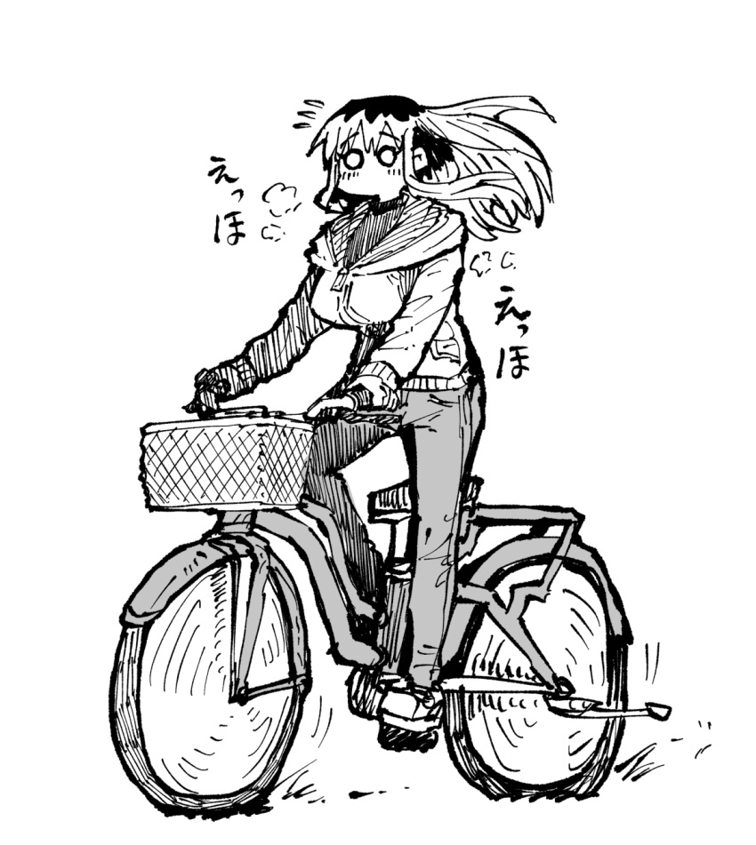 1girl bicycle bicycle_basket black_shirt breasts denim highres hood hoodie jacket jeans kinjo_no_hito_no_nakimushi large_breasts long_hair monochrome ochiai_(kinjo_no_hito_no_nakimushi) pants riding riding_bicycle shirt white_hair white_hoodie zyugoya