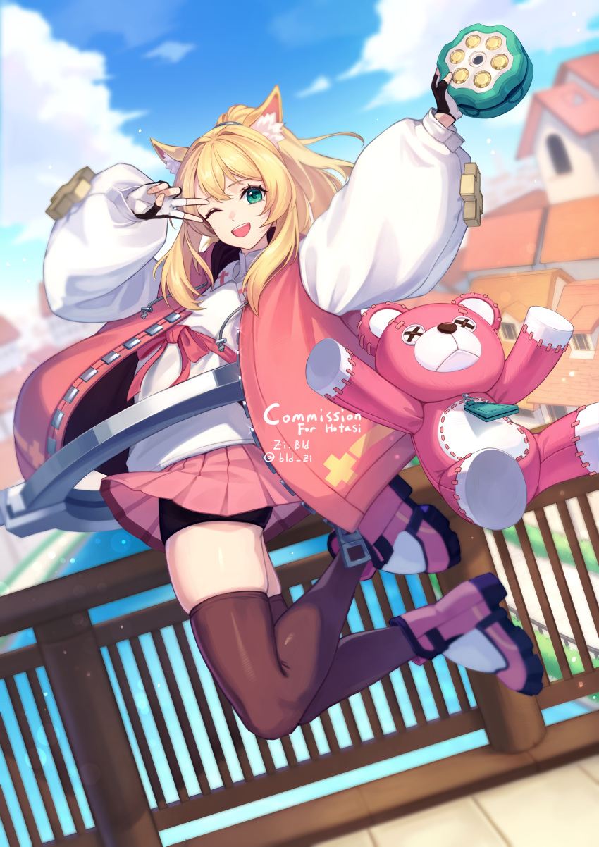 1boy :d absurdres alternate_costume animal_ear_fluff animal_ears aqua_eyes black_shorts black_thighhighs bld_zi blonde_hair blurry blurry_background bow bridget_(guilty_gear) commentary commission crossdressing dutch_angle fingerless_gloves full_body gloves guilty_gear guilty_gear_strive highres holding jacket kemonomimi_mode long_sleeves male_focus miniskirt one_eye_closed open_mouth otoko_no_ko outdoors pink_bow pink_footwear pink_jacket pink_skirt pleated_skirt ponytail puffy_long_sleeves puffy_sleeves shirt shoes shorts shorts_under_skirt sidelocks skirt smile solo stuffed_animal stuffed_toy teddy_bear teeth thighhighs upper_teeth_only v watermark white_shirt white_sleeves