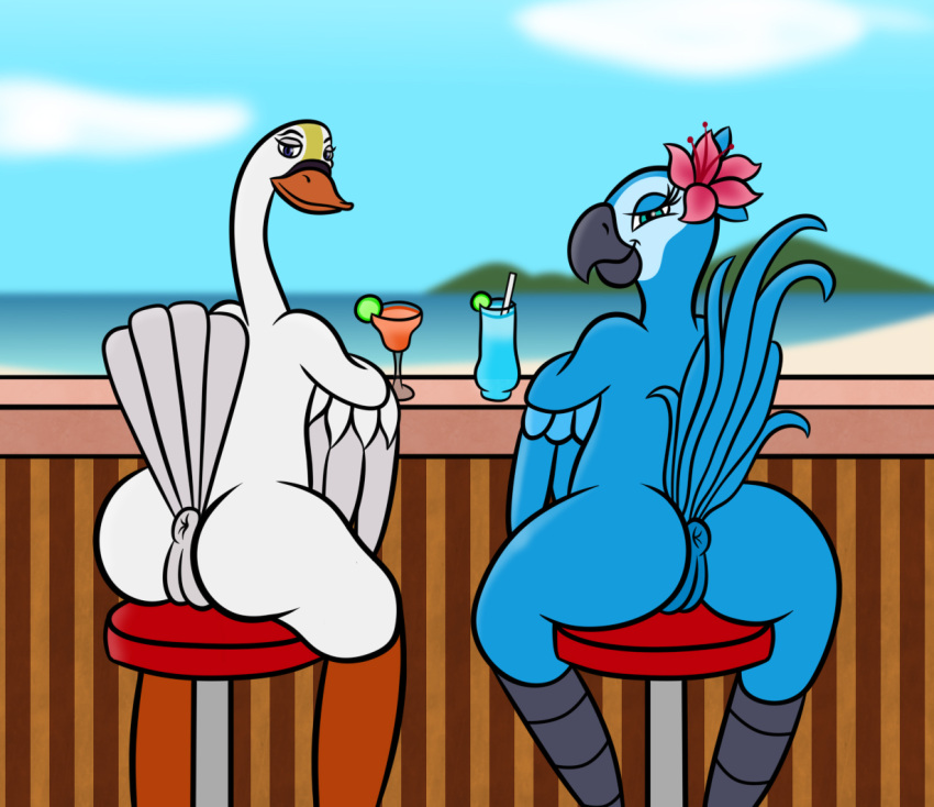anatid anseriform anserinae anthro anthrofied anus avian bar bar_stool beach beak beverage bird blue_body blue_sky_studios butt detailed_background duo feathers female flower furniture genitals jewel_(rio) looking_at_viewer looking_back macaw neotropical_parrot parrot plant princess_odette pussy rio_(series) sea seaside sharkinwaves sitting smile stool swan the_swan_princess true_parrot water white_body wings