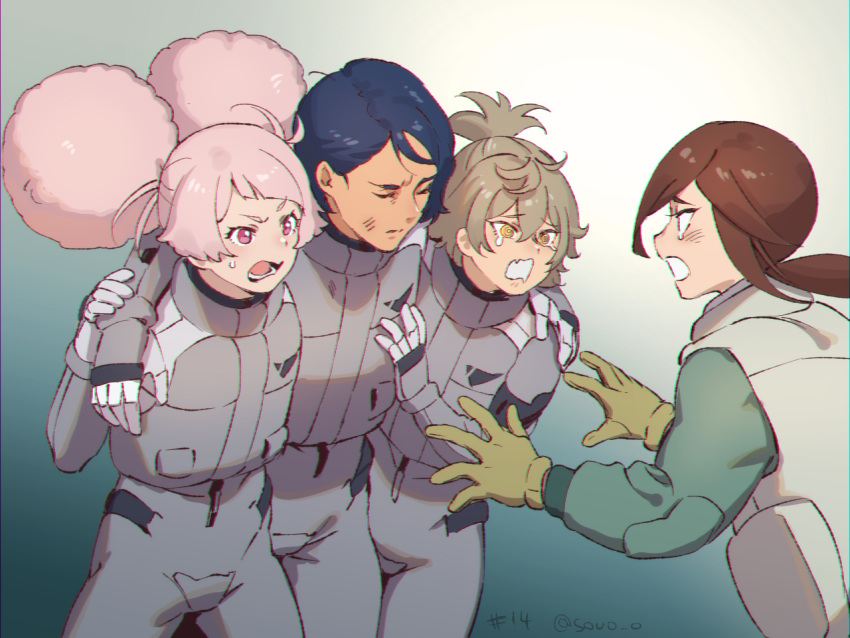 afro_puffs blue_hair brown_hair carrying carrying_person chuatury_panlunch closed_eyes crying crying_with_eyes_open dark-skinned_male dark_skin felsi_rollo gloves gundam gundam_suisei_no_majo injury lauda_neill light_brown_hair long_hair petra_itta pink_hair plugsuit short_hair soul_(tamashii) tears twitter_username vest