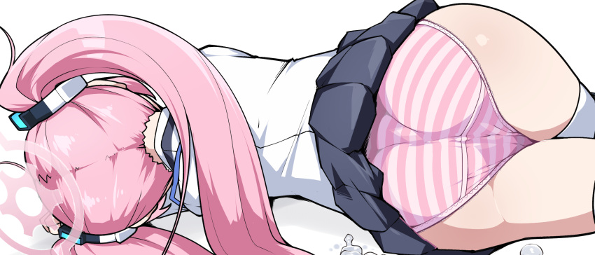 1girl ass blue_archive blue_skirt clothes_lift from_side halo highres kotatsu_(kotatsu3) koyuki_(blue_archive) long_hair lying on_side panties pink_hair shirt skirt skirt_lift solo striped striped_panties thighhighs thighs twintails underwear white_shirt white_thighhighs