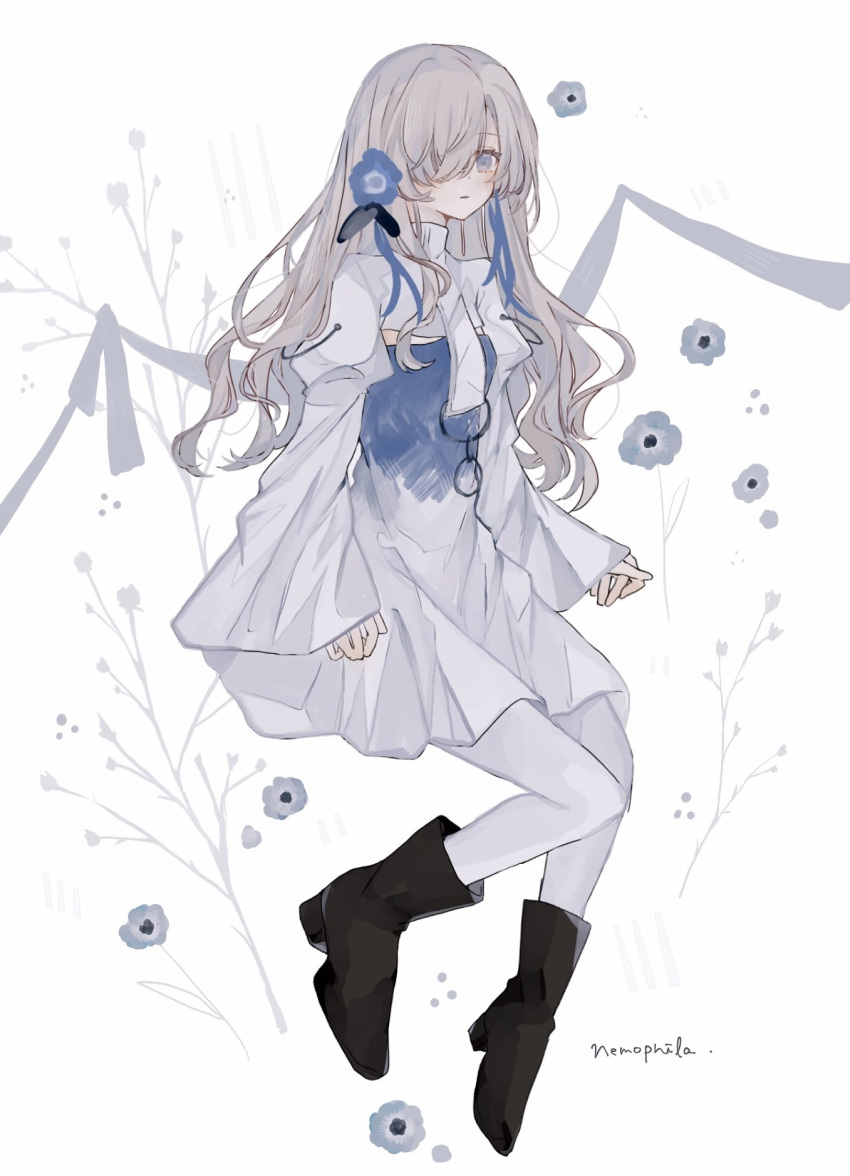 1girl black_footwear blue_dress blue_eyes blue_flower blue_hair blush boots branch dress expressionless flower full_body grey_flower grey_hair hair_flower hair_ornament hair_over_one_eye highres isekai_joucho kamitsubaki_studio long_sleeves mer_rr12 multicolored_hair nemophila_(flower) pantyhose parted_lips ribbon sketch solo two-tone_dress two-tone_hair virtual_youtuber white_dress white_pantyhose