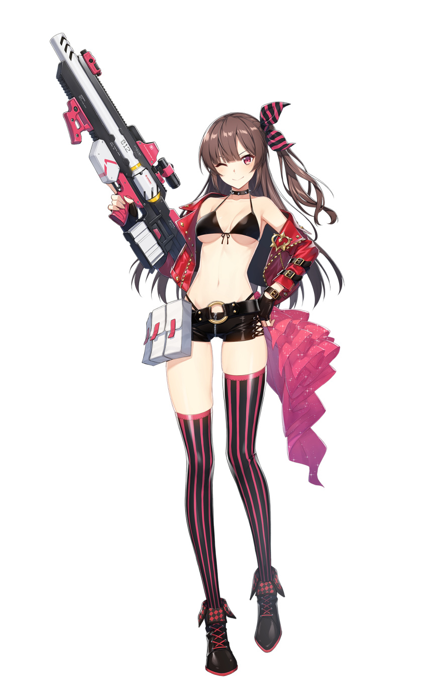 1girl alpha_transparency armpits asymmetrical_legwear belt bikini bikini_top_only black_bikini black_gloves breasts brown_hair cleavage collar counter:side fingerless_gloves gloves gun hair_ornament highleg highres holding holding_gun holding_weapon long_hair looking_at_viewer lumi_(counter:side) navel official_art one_eye_closed second-party_source short_shorts shorts smile solo spiked_collar spikes striped striped_thighhighs swimsuit tachi-e thighhighs transparent_background trigger_discipline vertical-striped_thighhighs vertical_stripes weapon weapon_request