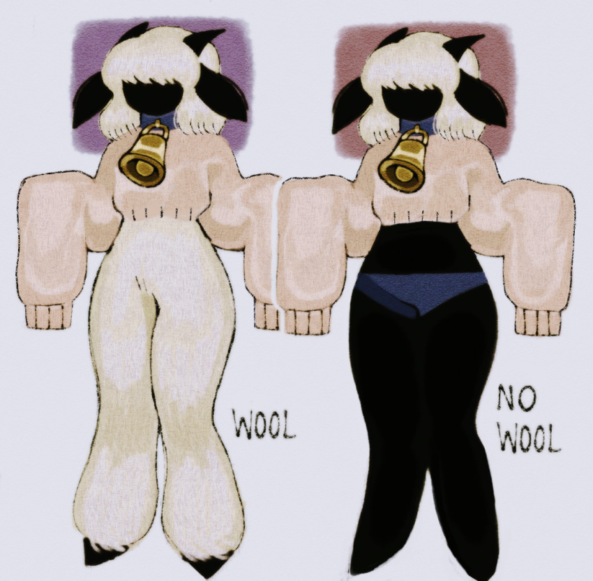 2023 anthro biped black_body black_ears black_fur black_horn blue_clothing bottomless bovid caprine clothed clothing english_text fur horn mammal sheep solo text topwear underwear white_body white_clothing white_fur wolfertinger wool_(fur) yellow_clothing